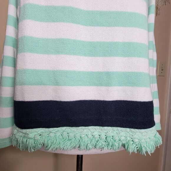 Crown & Ivy Stripe Fringe Hem Cotton Knit Top Navy Mint Size Medium - Picture 7 of 10